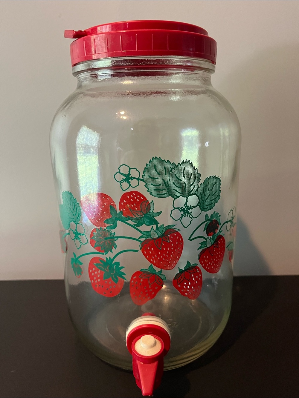 Vintage Strawberry Glass Drink or Sun Tea Dispenser, Cottage core.